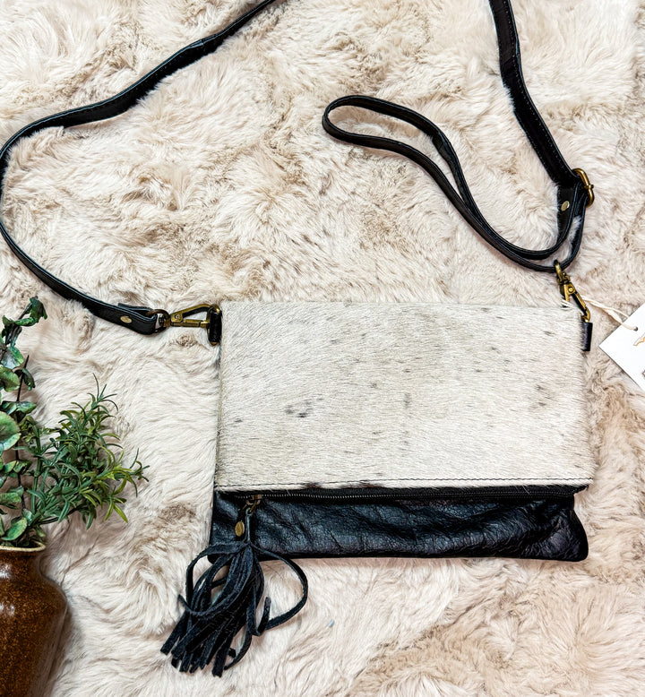Hide Away Foldover | Small Elegant Black Leather and Hair on Cowhide Crossbody Foldover Purse
