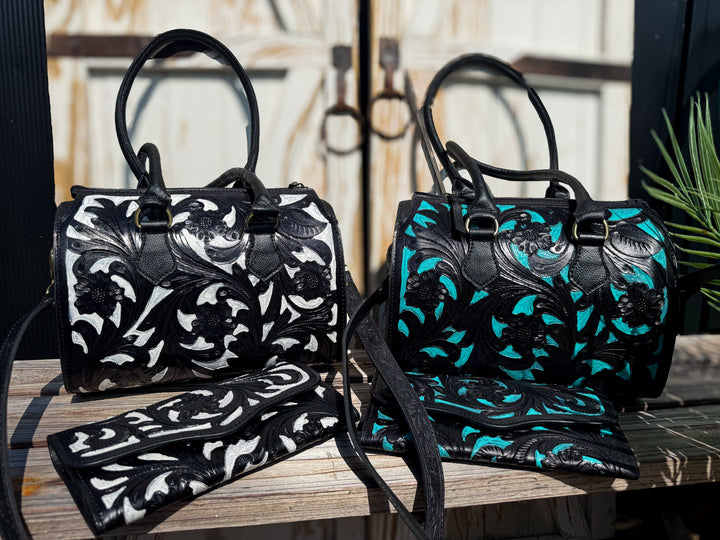 Black Ties & Blue Collars | Structured Tooled Leather Bag + Matching Clutch Set