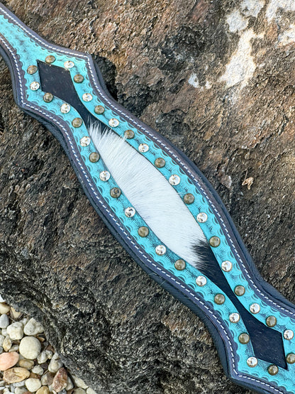 TURQUOISE OULAW (XL) Hand tooled leather and cowhide studded dog collar