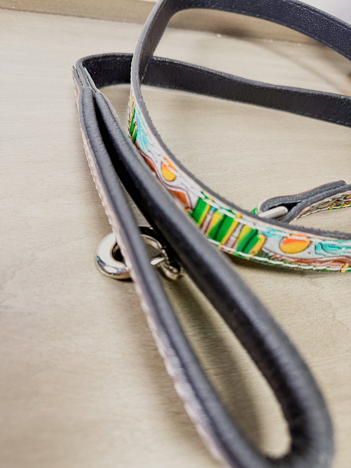 Hand tooled and painted Full Grain Leather Cactus Desert Sunset Scene Dog Leash