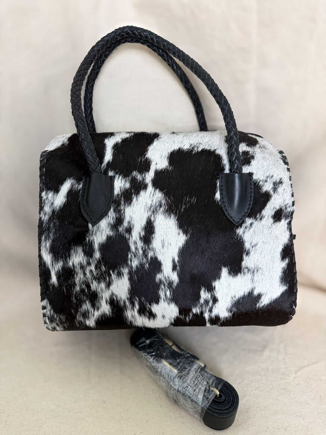 Soft & Strong™ Cowhide Satchel | Black & White Genuine Hair-On Hide Black Leather Handbag