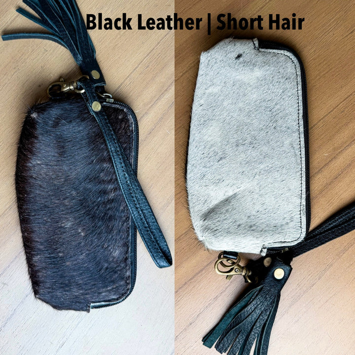 Genuine Cowhide Wristlet Pouch | Hair-On Hide Organizer with Tassel & Wrist Strap