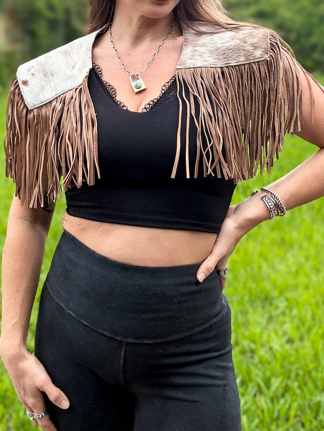 South Meets West Cowhide Fringe Capelet | Hair-On Cowhide Leather Western Shawl
