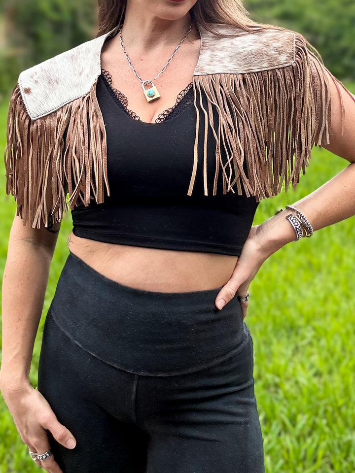 South Meets West Cowhide Fringe Capelet | Hair-On Cowhide Leather Western Shawl