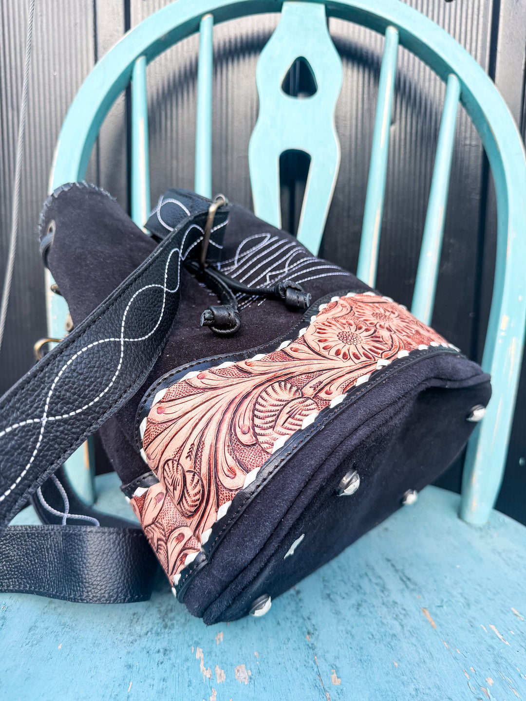 The Bronco Bucket | Black Suede & Tooled Leather Western Bucket Bag