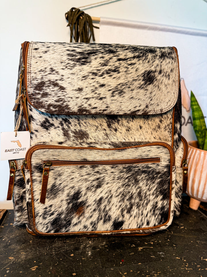 The Bubba Bag: Hair on Cowhide Full Grain Leather All Adventures Backpack in Black White Grey Speckled Hide