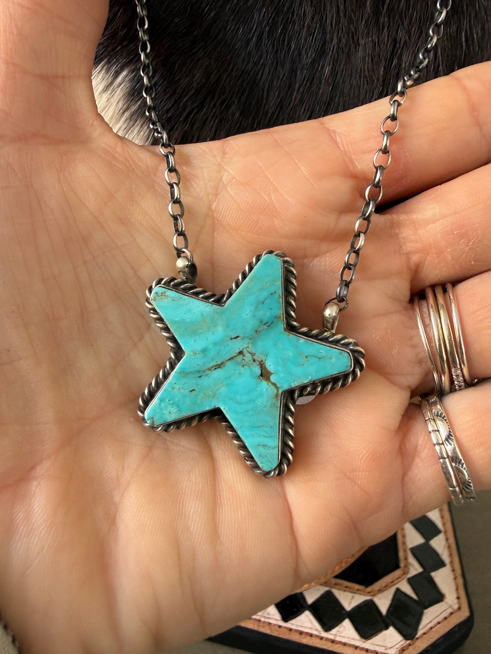Johnny Dixon Navajo handmade sterling silver necklace with Kingman turquoise star pendant on handmade chain