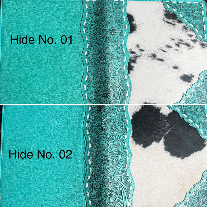 Genuine Leather Cowhide Padfolio | Turquoise Tooled Leather Portfolio Folder | Executive Portfolio Organizer