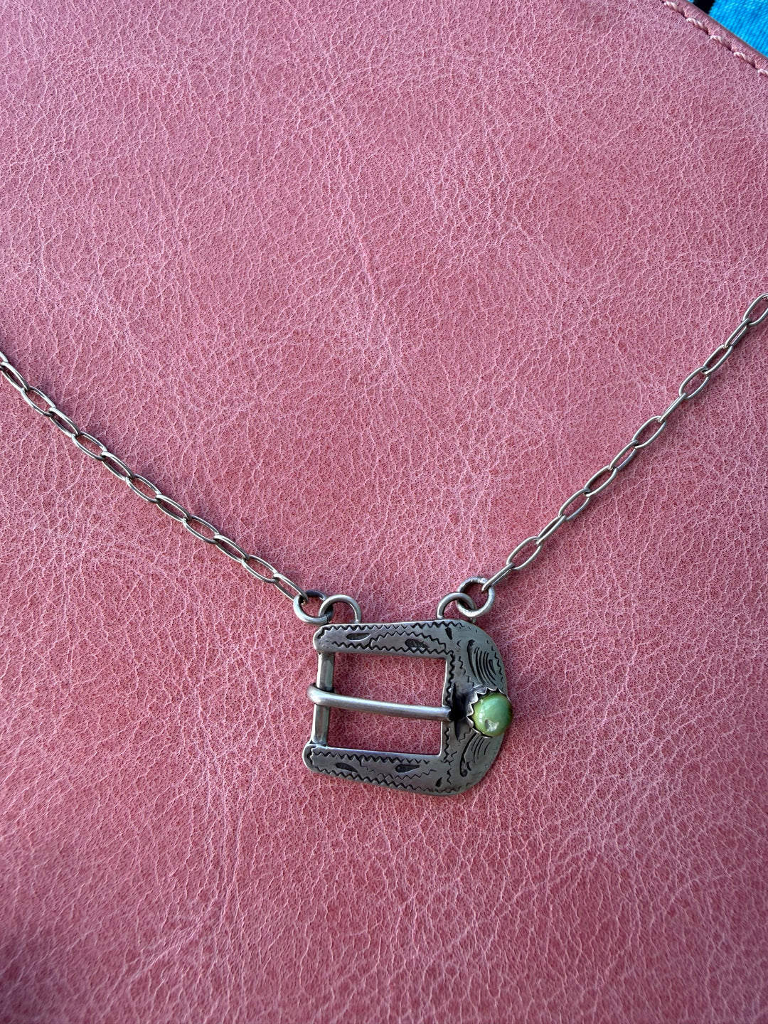 Native American sterling silver buckle necklace with turquoise
Handmade silver belt buckle pendant necklace
Western turquoise necklace on chain
