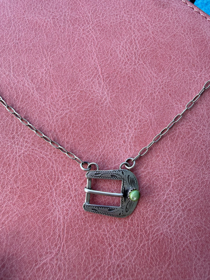 Native American sterling silver buckle necklace with turquoise
Handmade silver belt buckle pendant necklace
Western turquoise necklace on chain