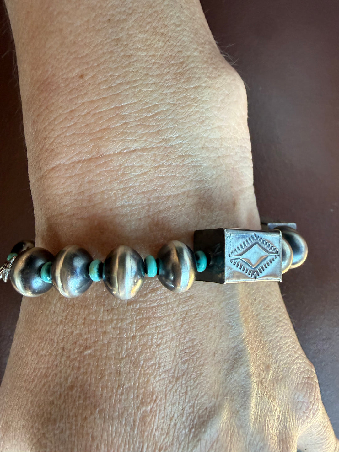 Authentic Handmade Navajo Pearl Bracelet – Sterling Silver and Mine 8 Turquoise - Kaylin Nakai - 7”