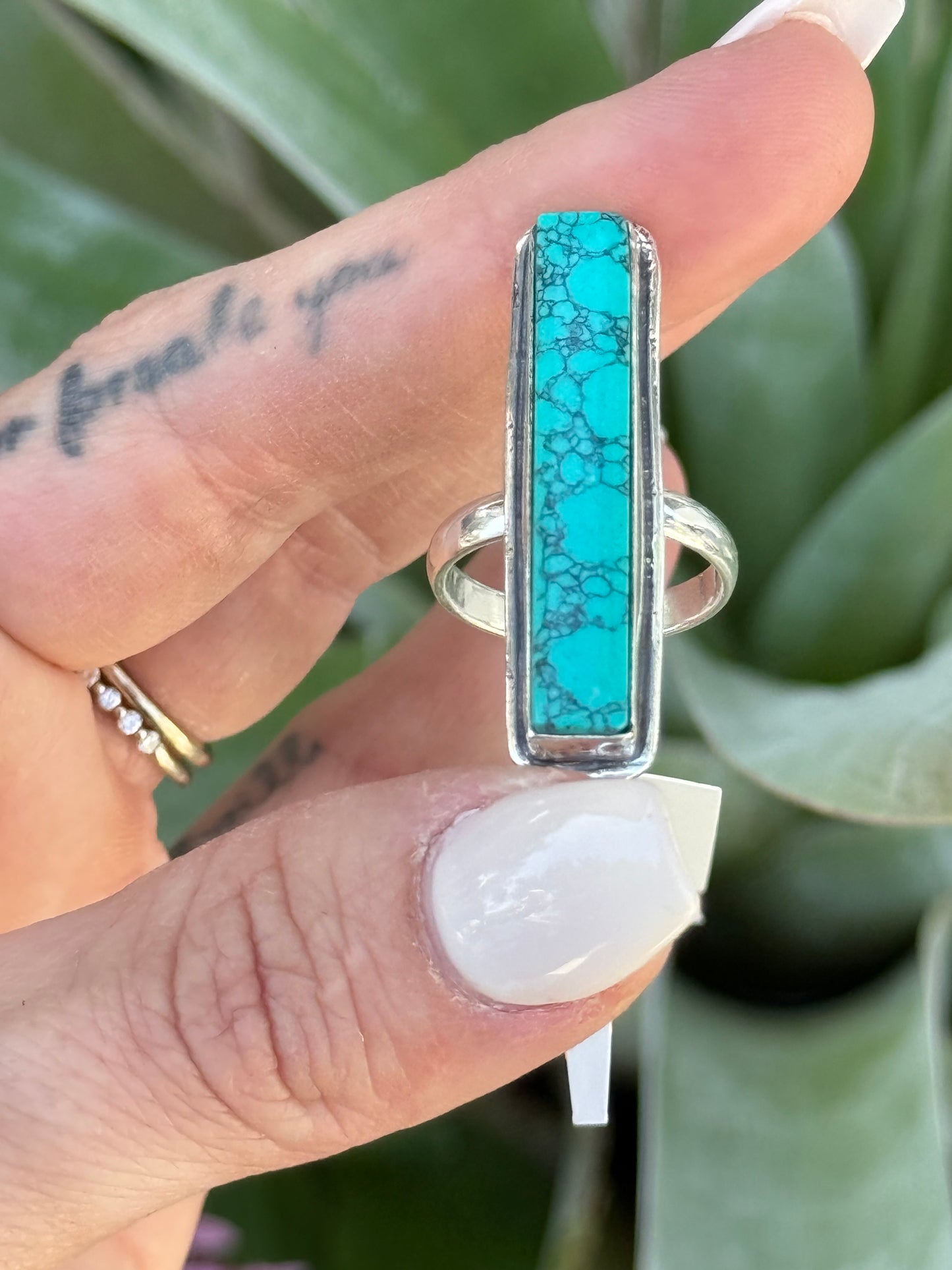 Southwestern Rectangle Sterling Silver Turquoise Ring size 7
