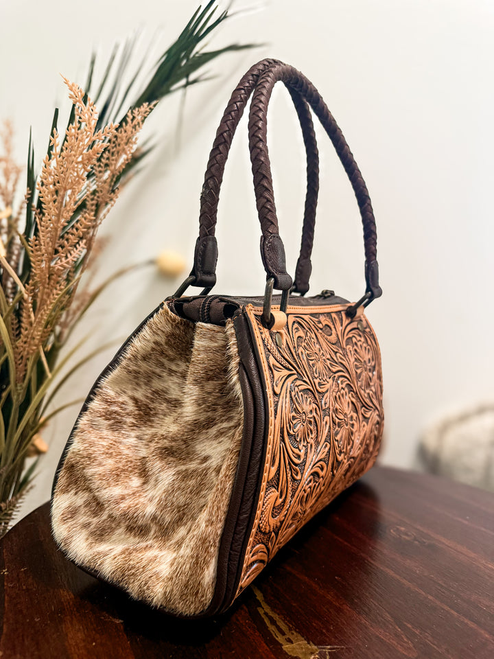Tooled Leather & Speckled Cowhide Structured Handbag