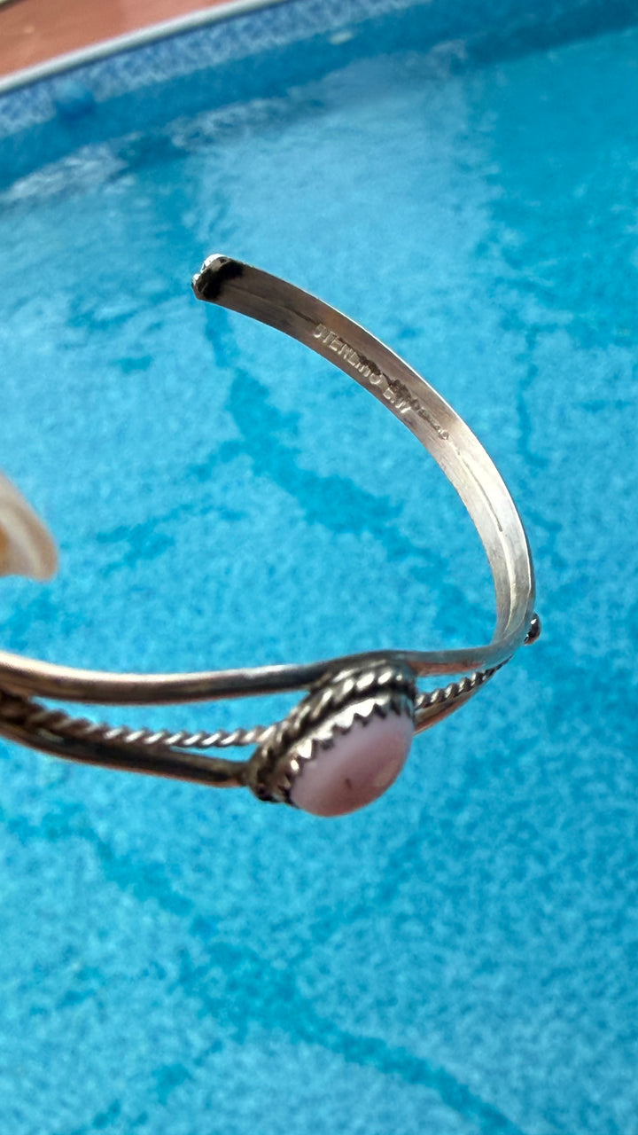 Esther White Navajo Handmade Pink Conch Petite Cuff Bracelet | Sterling Silver | Signed EW | 6.25” Wrist