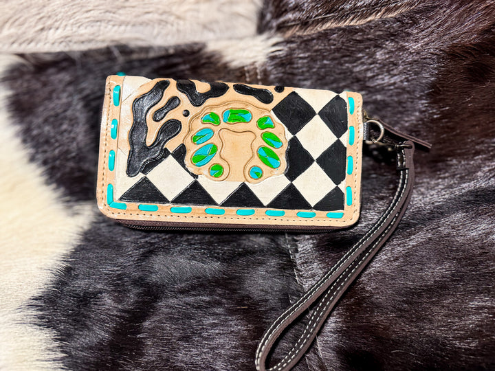 Royston Punch | Hand-Tooled Black & White Checkered Cheetah Turquoise Leather Phone Wallet Wristlet