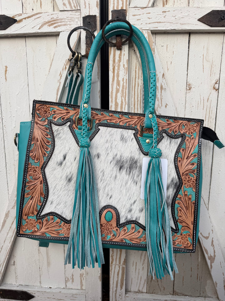 Get to Work Bag | Minty Blue Leather, Tooled Floral & Cowhide Concealed Carry Tote