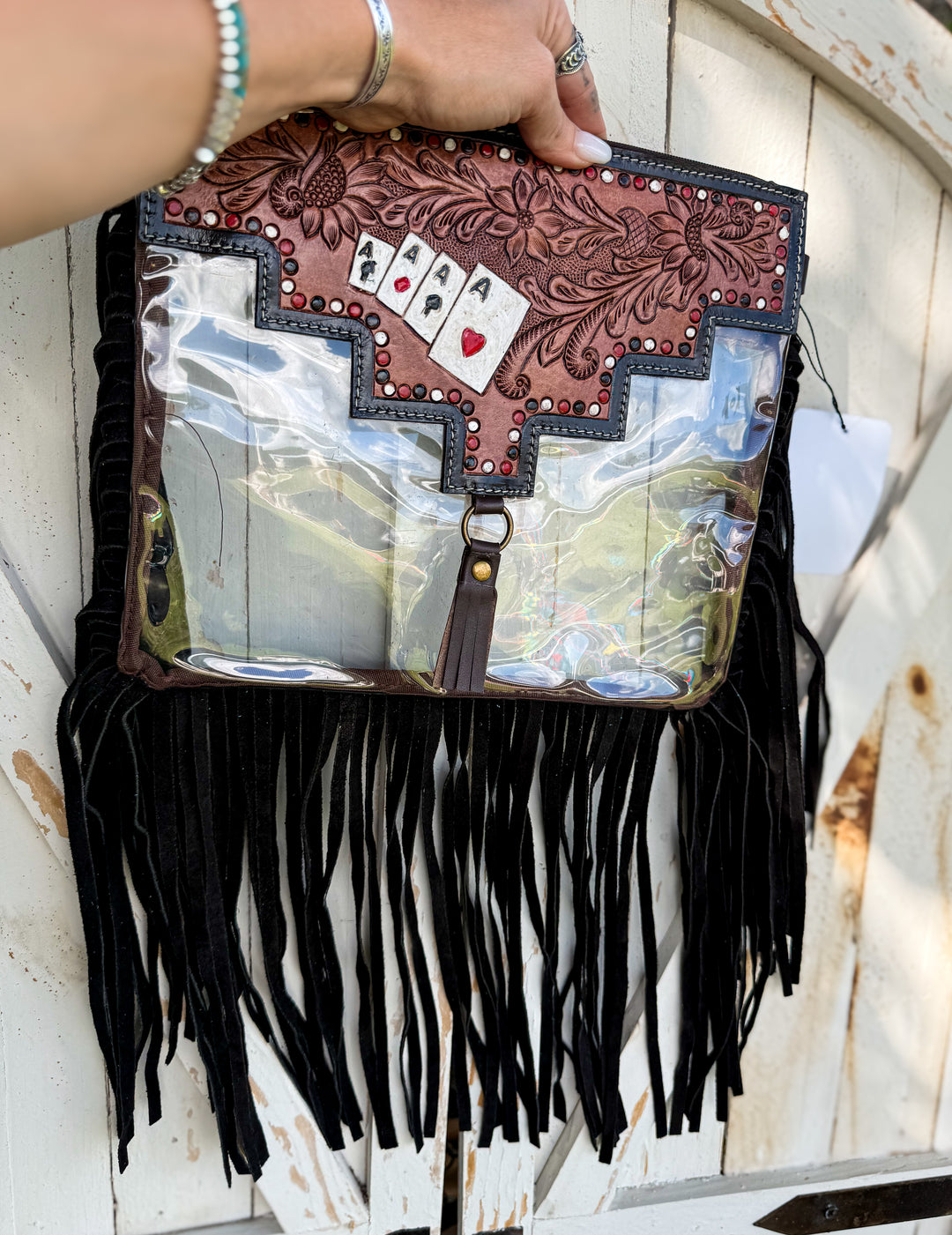 Royal Flush Clear Stadium Crossbody | Tooled Leather Fringe Stadium Bag