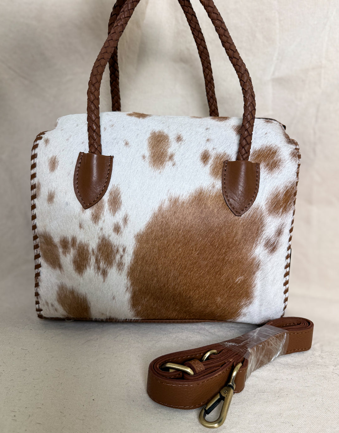 Soft & Strong™ Cowhide Satchel | Caramel & White Genuine Hair-On Hide Leather Handbag