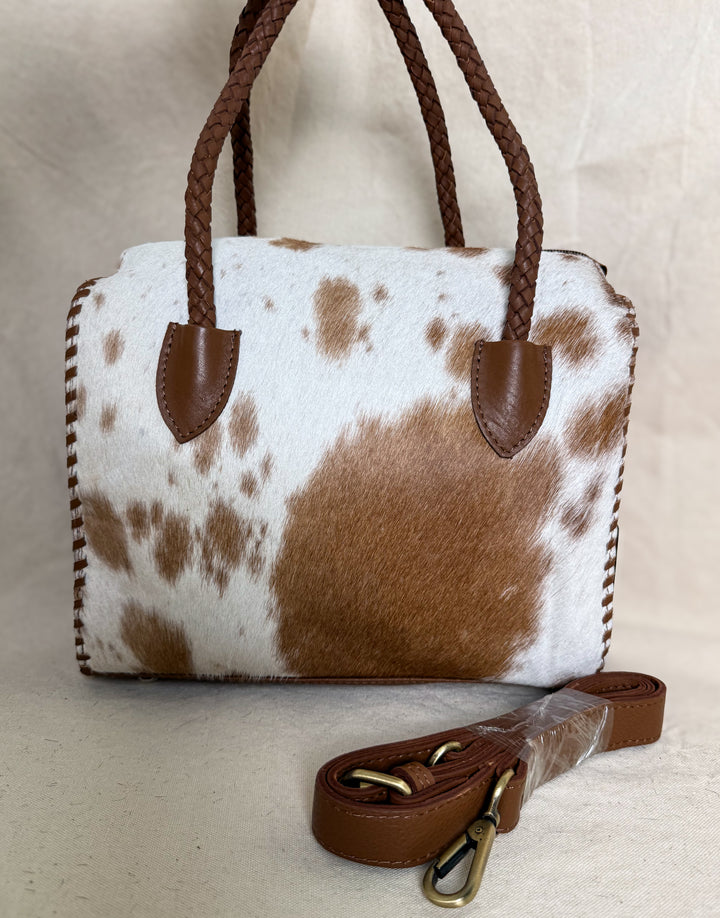 Soft & Strong™ Cowhide Satchel | Caramel & White Genuine Hair-On Hide Leather Handbag
