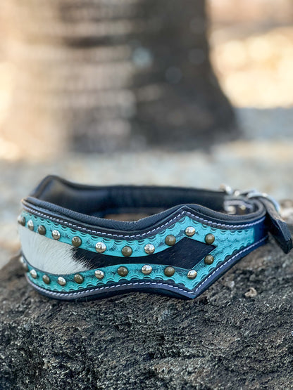 TURQUOISE OULAW (XL) Hand tooled leather and cowhide studded dog collar