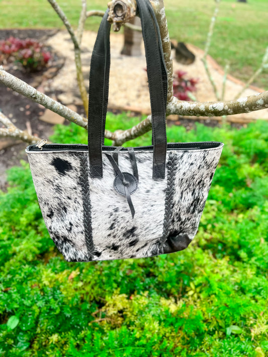 Cowhide and Crunch Leather Tote in Black