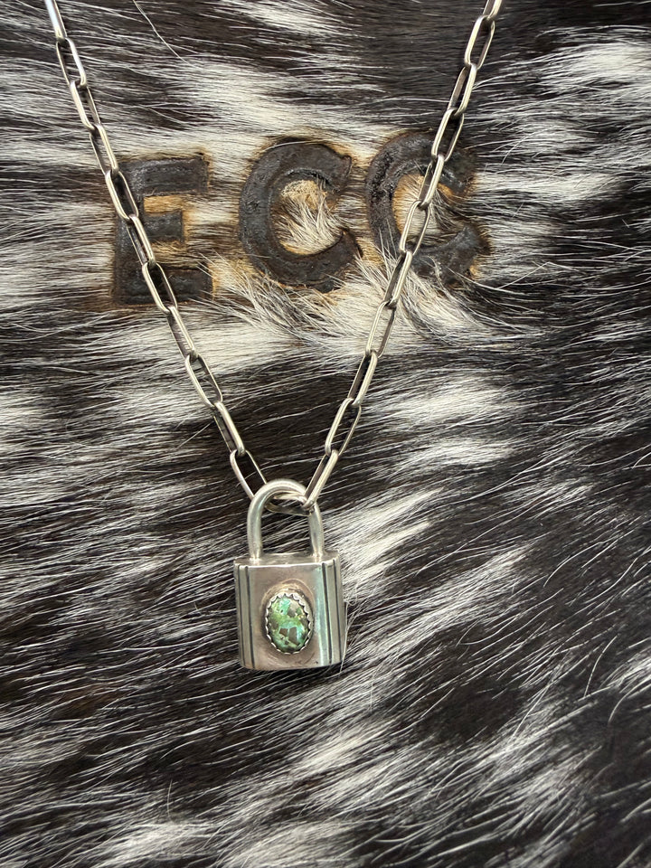 Navajo Sterling Silver Lock Necklace Charm Pendants | Turquoise or Pink Conch