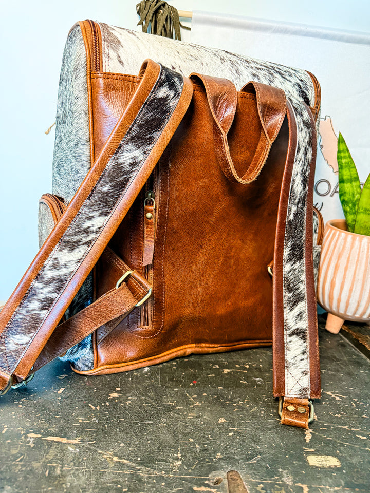 The Bubba Bag | Hair on Cowhide Full Grain Leather All Adventures Backpack in Speckled Hide