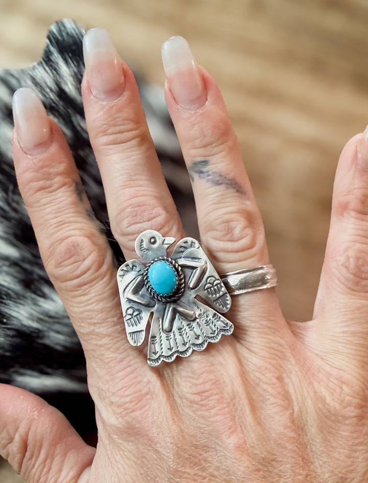 Tim Yazzie Navajo Kingman Turquoise Thunderbird Ring | Sterling Silver