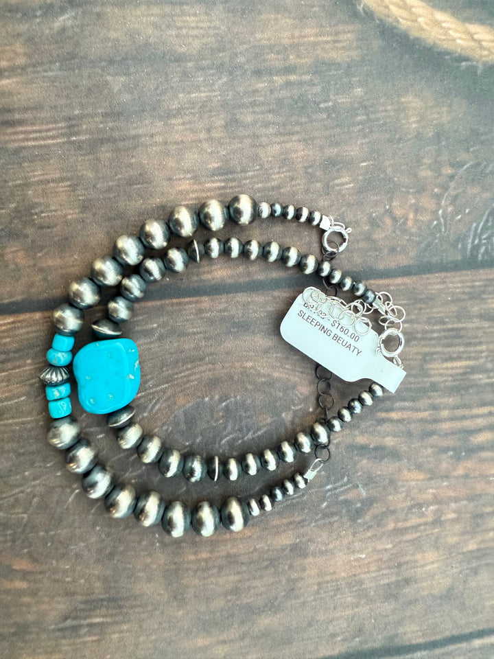 Sterling Silver Bead Bracelet with Sleeping Beauty Turquoise | Adjustable | Choose Your Style