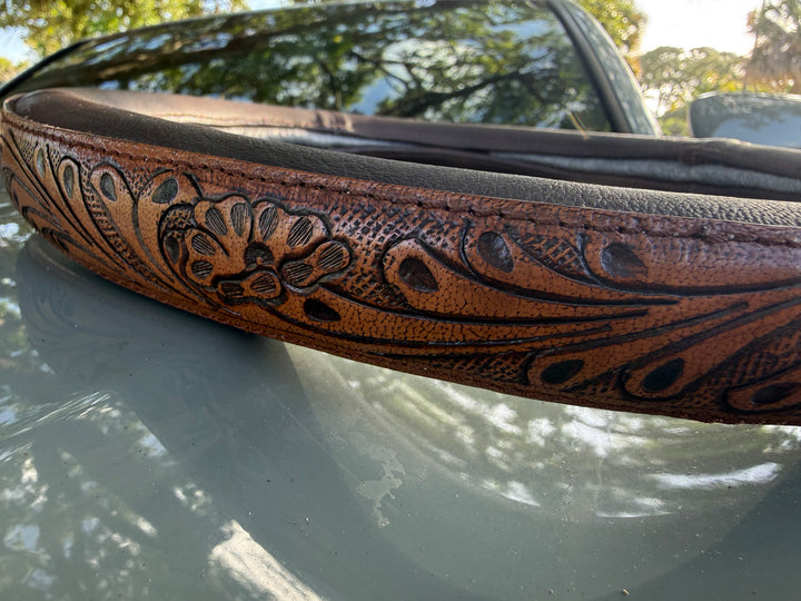 The Coffee Run Steering Wheel Cover | Tooled Leather Western Steering Wheel Cover 14.5”