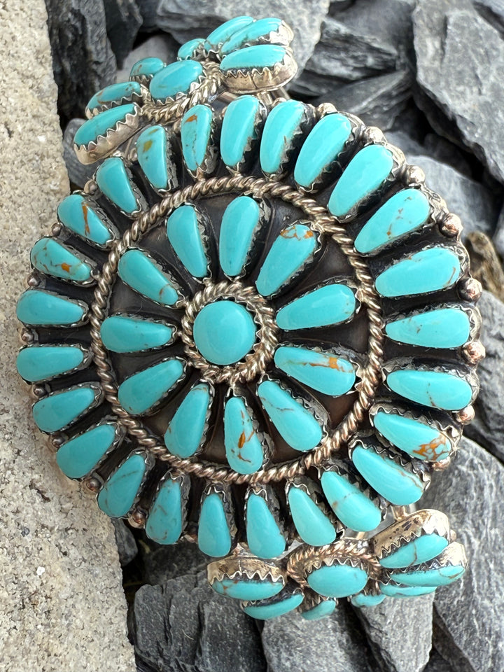 Native American sterling silver petit point turquoise cluster cuff signed DB with large turquoise center cluster and side clusters