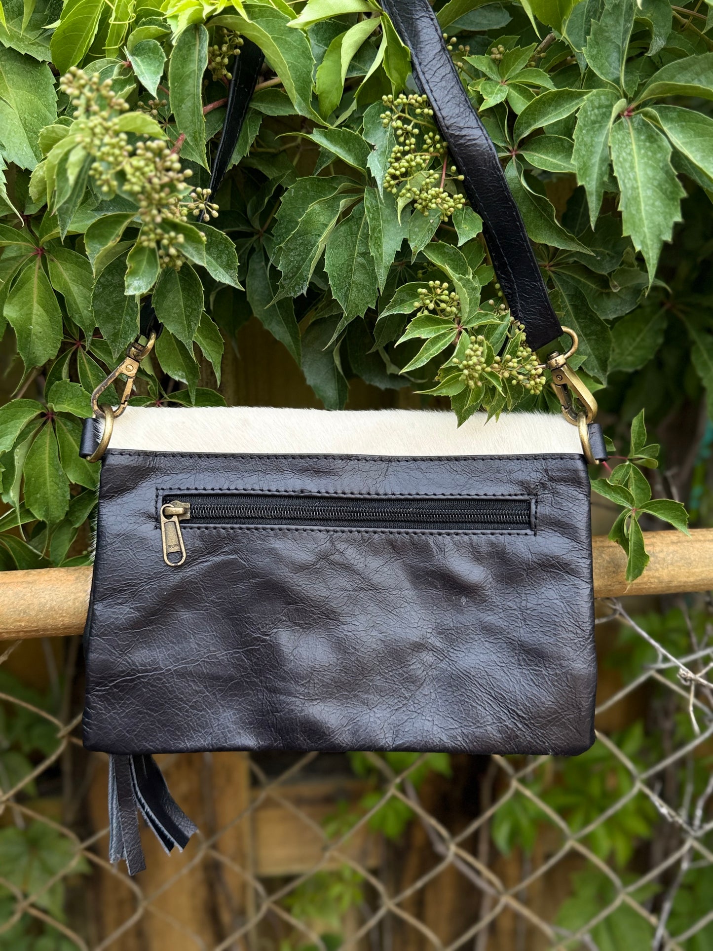 Hide Away Foldover: Small Elegant Black Leather and Hair on Cowhide Crossbody Foldover Purse