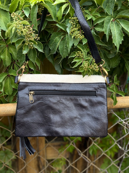 Hide Away Foldover: Small Elegant Black Leather and Hair on Cowhide Crossbody Foldover Purse