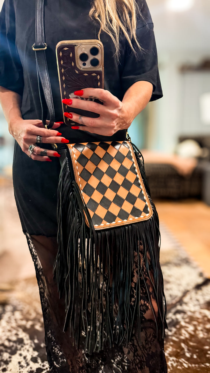Checkmate Collection | Brown and Black Checkered Tooled Full Grain Leather Fringe Crossbody