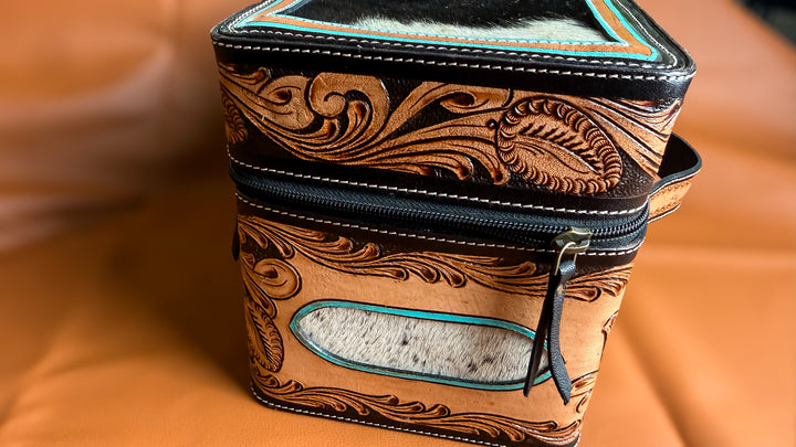 Hand Tooled Leather & Cowhide Vanity Organizer | Jewelry Travel Case | Makeup & Accessory Storage