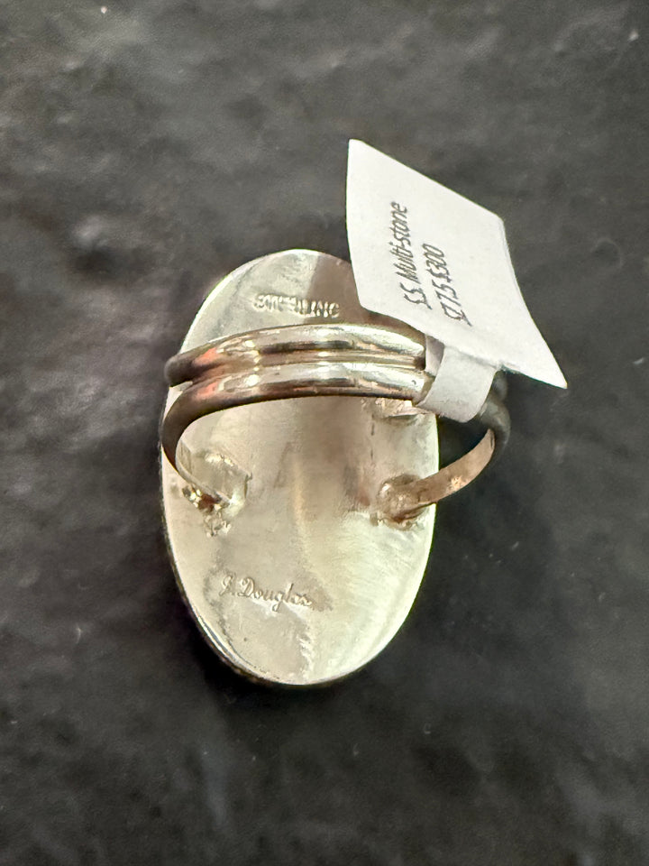 Back of Navajo handmade inlay ring signed Joanne Douglas sterling
