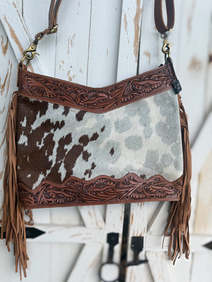 Fringe Cowhide Leather Crossbody – Hand Tooled Western Shoulder Bag – Hair-On Hide Purse