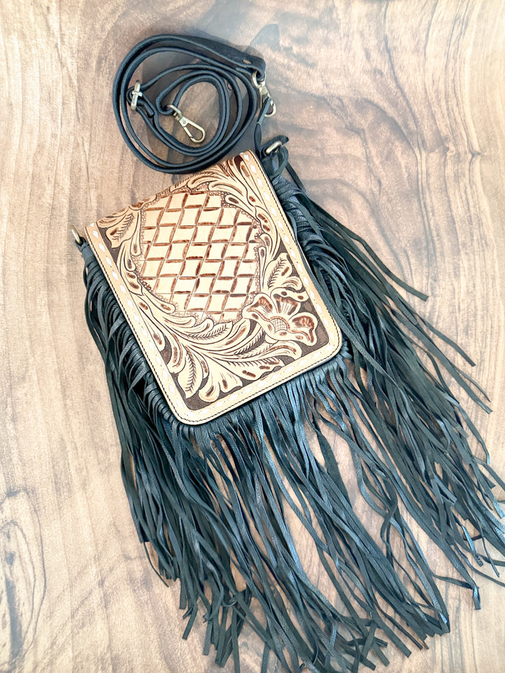 Midnight Fringe | Tooled Leather and Black Fringe Small Western Crossbody