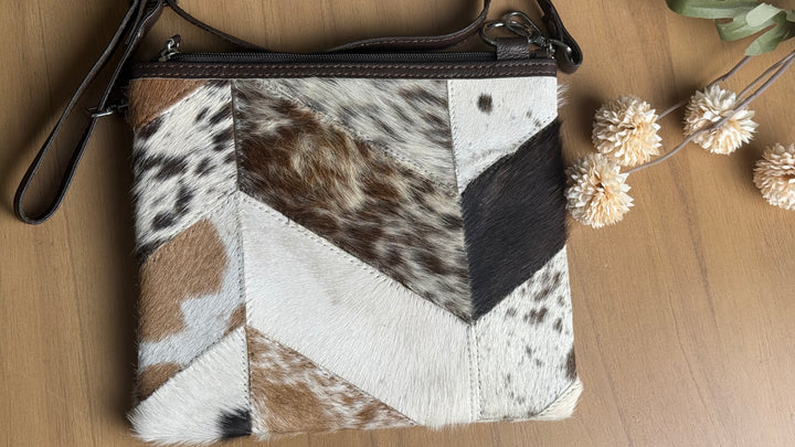 Genuine Cowhide Patchwork Crossbody Bag | Leather Hair-On Hide Pouch Purse | Lightweight Everyday Western Bag