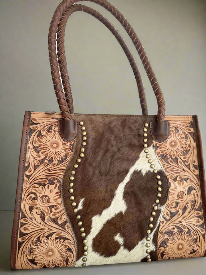 Family Tradition : in Brown Leather - Tooled Leather & Cowhide Concealed Carry Tote