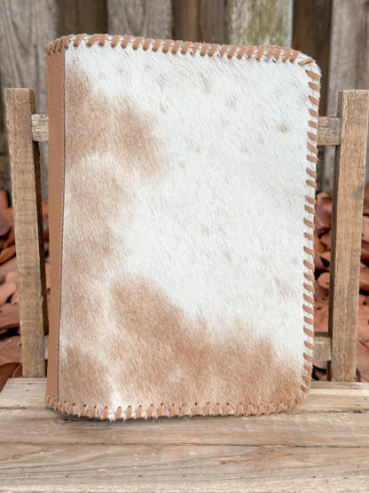 Tan Leather & Cowhide Bible Cover – Handmade Western Book Sleeve for Large Bibles & Notebooks