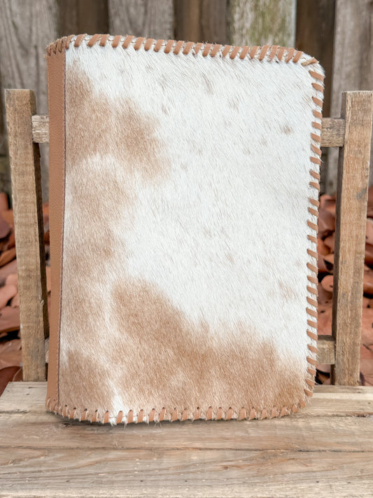 Tan Leather & Cowhide Bible Cover – Handmade Western Book Sleeve for Large Bibles & Notebooks