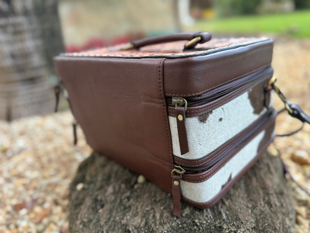The Double Decker in Chocolate Brown | Large Dark Brown and White Cowhide and Tooled Leather Jewelry Case