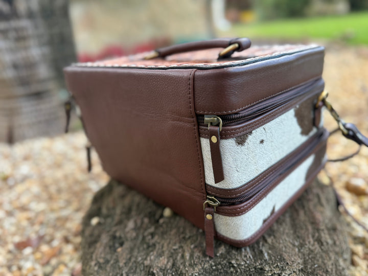 The Double Decker in Chocolate Brown | Large Dark Brown and White Cowhide and Tooled Leather Jewelry Case