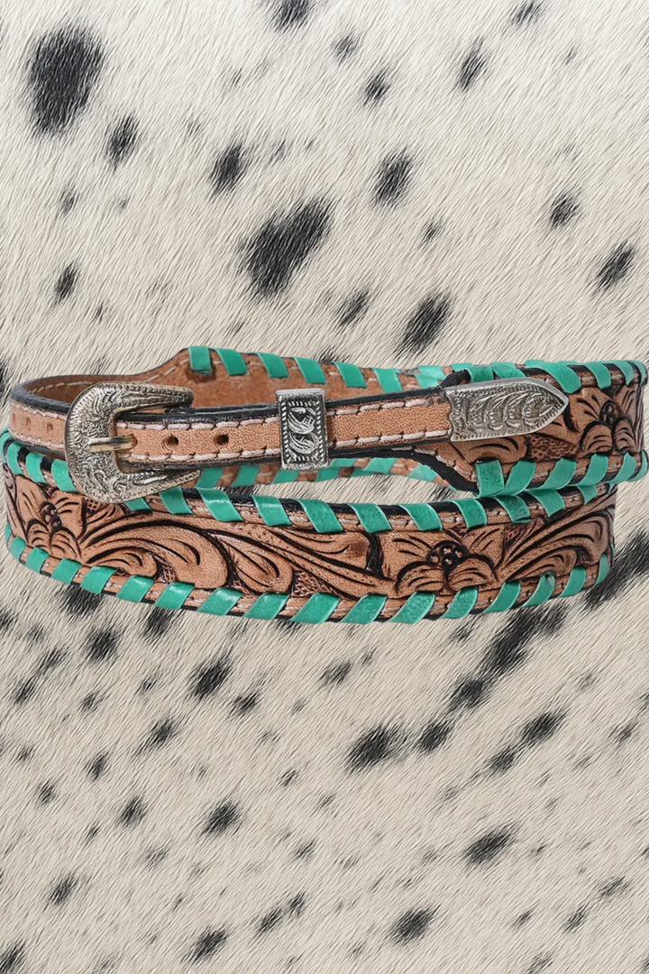 Tooled Leather Cowboy Hat Band with Turquoise Whipstitch | Adjustable Western Hat Band