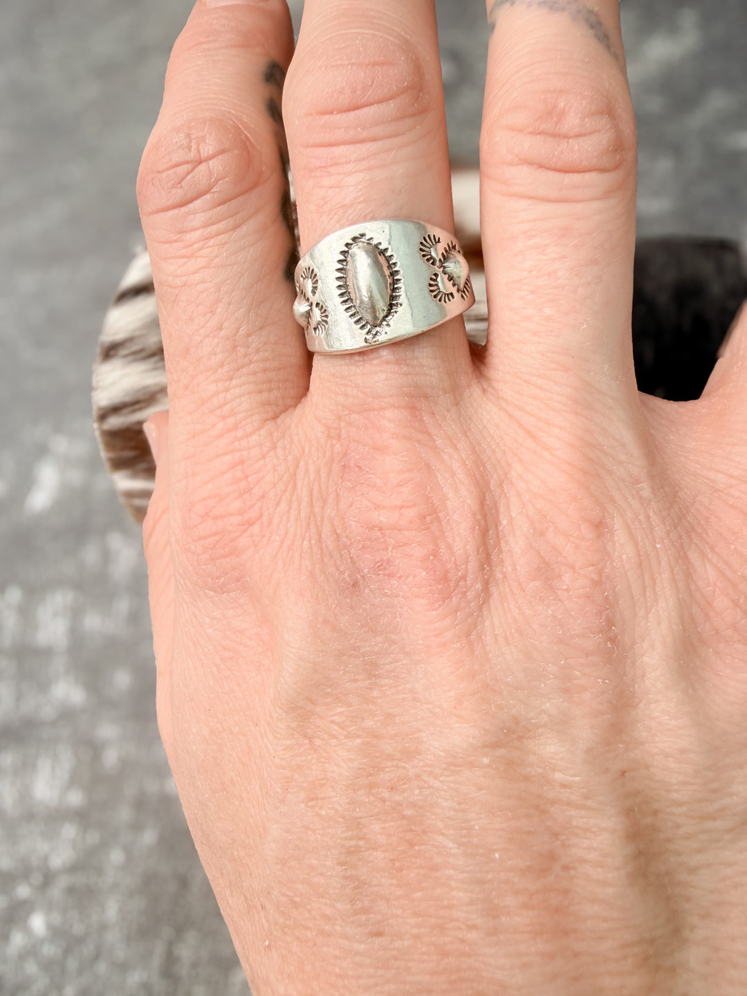 Jan Mariano Navajo Sterling Silver Cigar Band Ring | Size 8 Hand Stamped Native American Ring