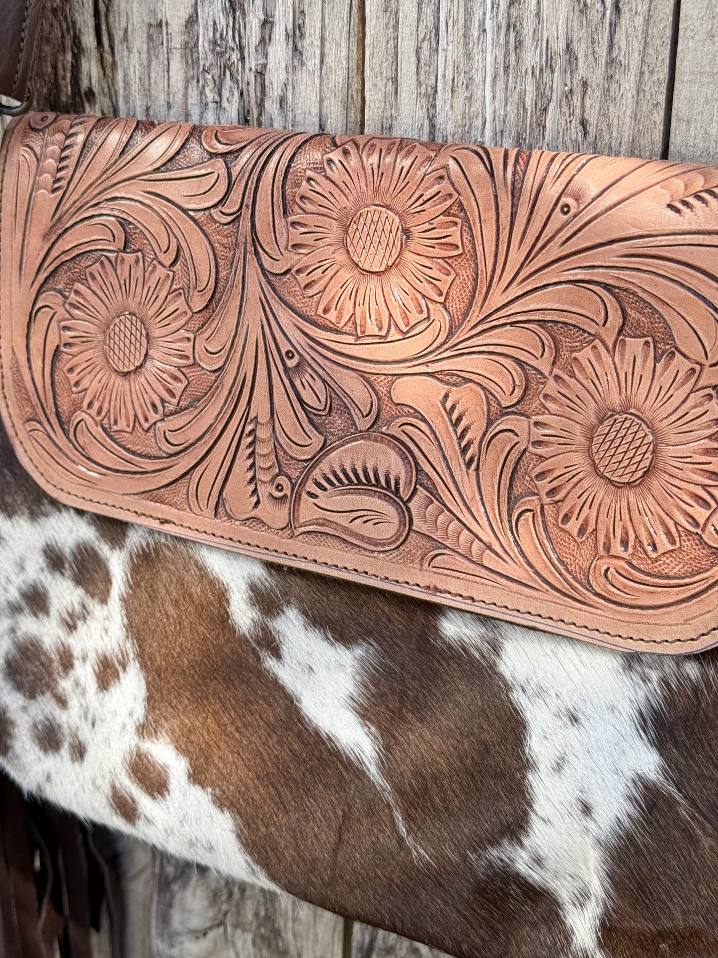 Grit & Grace : Hand Tooled Leather Cowhide and Brown Fringe Crossbody
