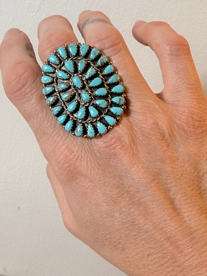 Mary A. Benally Kingman Turquoise Cluster Ring — Size 8