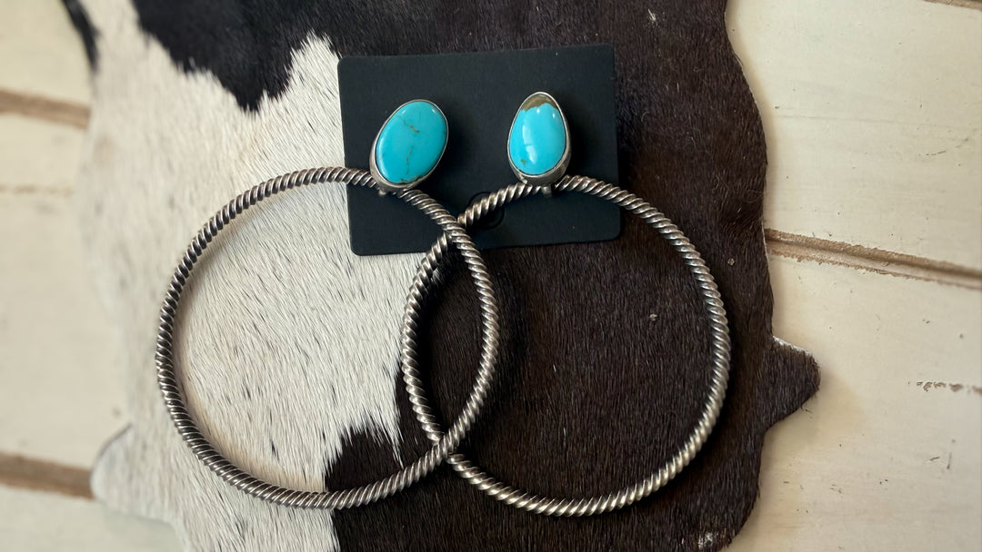 Verley Betone Navajo Handmade Turquoise & Sterling Silver Hoop Earrings