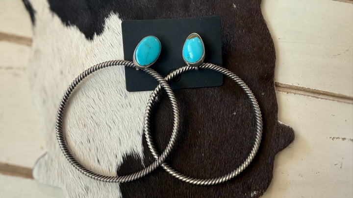 Verley Betone Navajo Handmade Turquoise & Sterling Silver Hoop Earrings